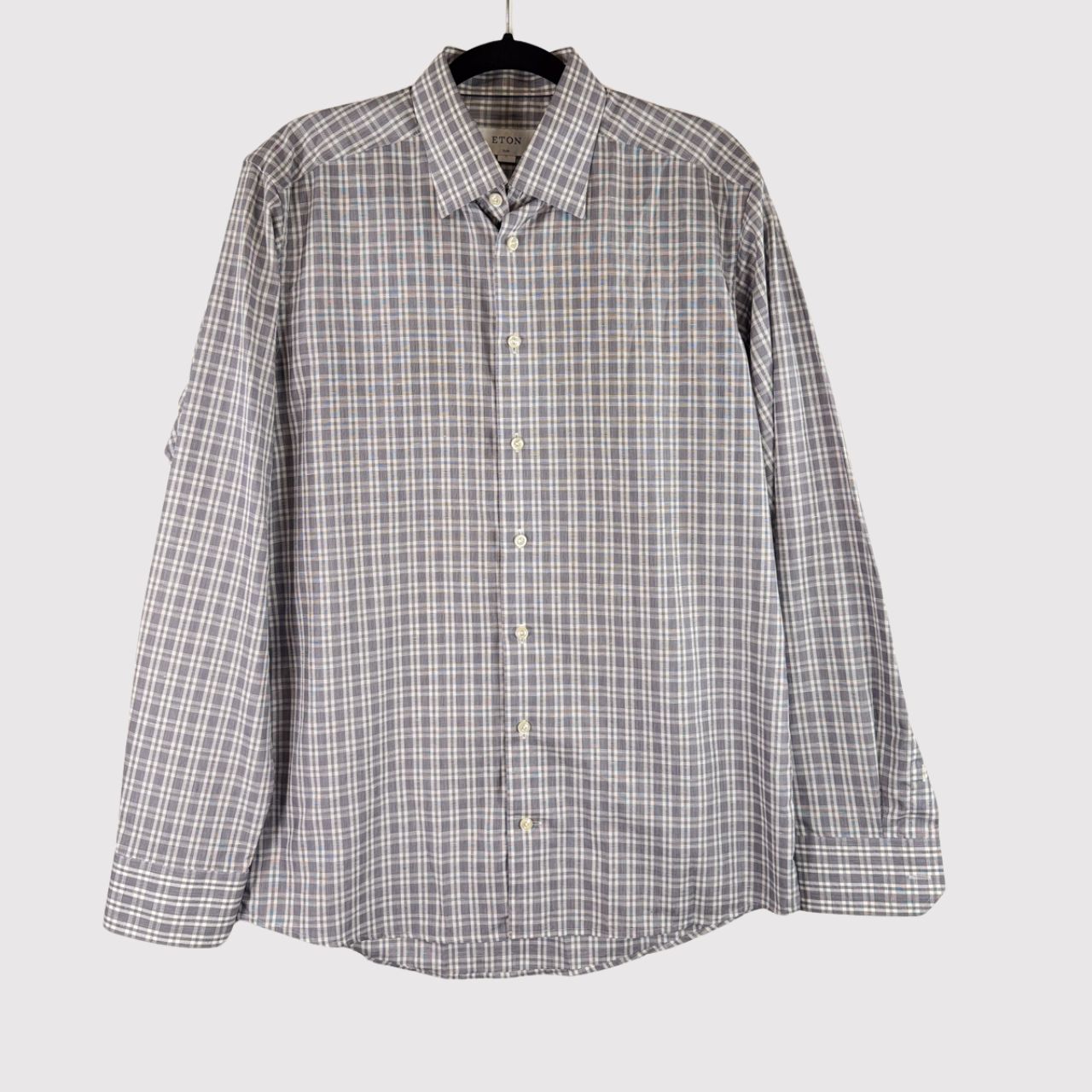 Eton Mens Button Up Shirt Gray Slim Fit Linen Plaid Gingham Long Sleeve Large